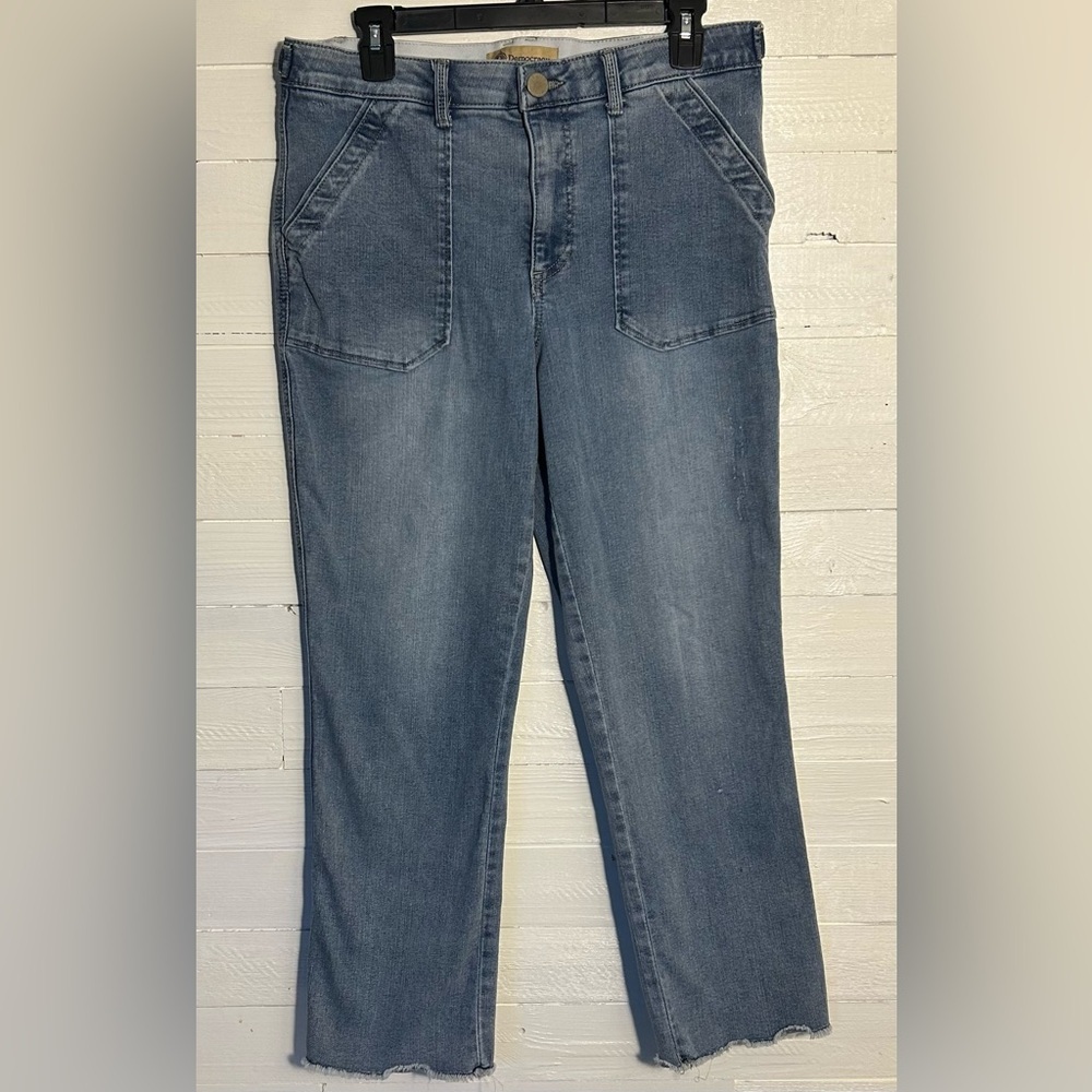 Democracy sailor pocket style jeans, women’s size 12, blue wash. Raw hem. - Picture 2 of 9